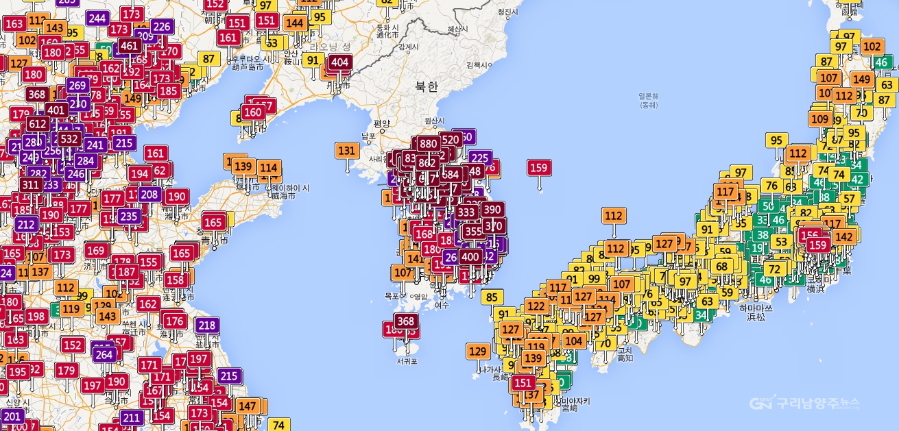 아시아 대기 오염 실시간 대기질 지도 2015년 2월 23일 오후 12시 51분 현재(출처=AQICN.org)