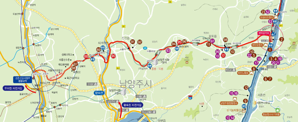 경춘선 자전거도로 서울, 구리, 남양주 구간 노선도