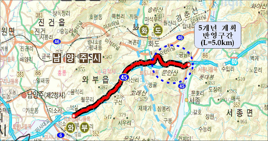 국지도 86호선 중 화도읍 창현리~금남리 5km 구간(푸른색 점선)
