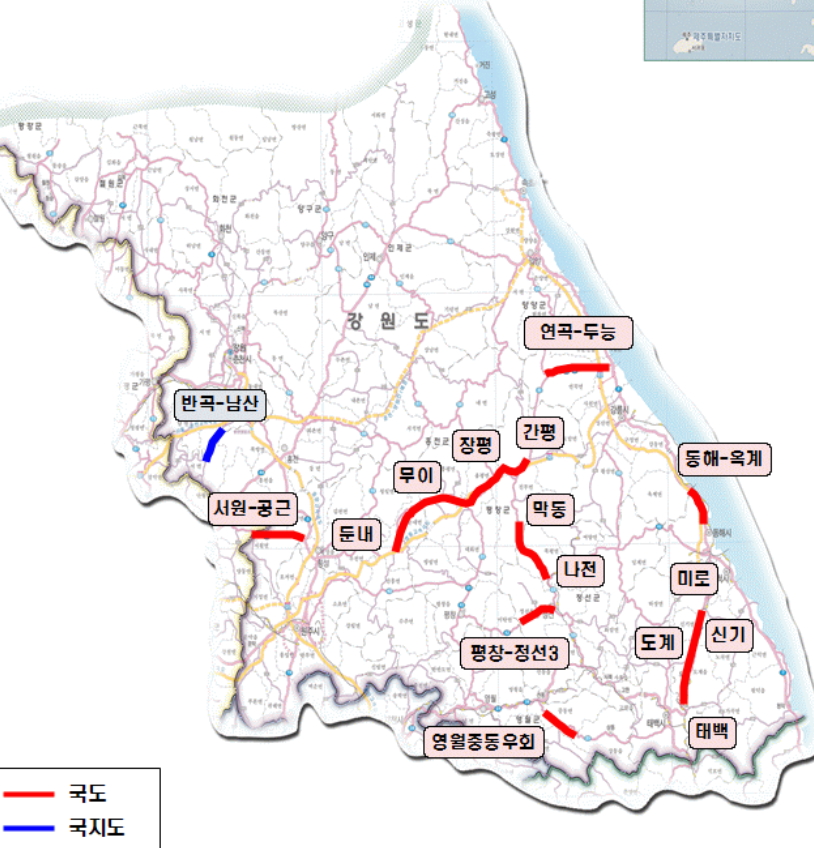 2017년 국도, 국지도, 광역·혼잡도로 개통 노선 위치도(강원권)