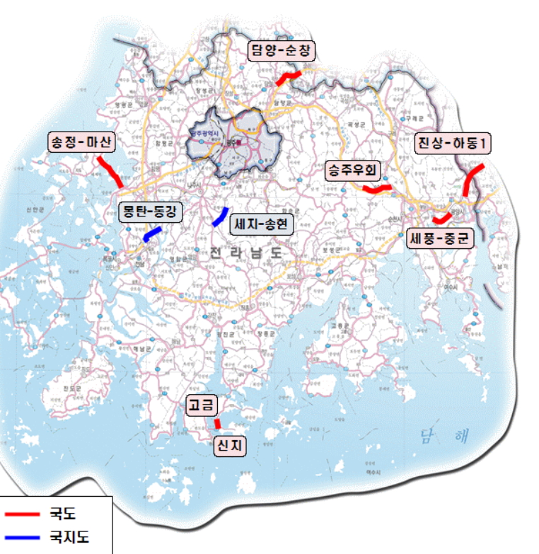 2017년 국도, 국지도, 광역·혼잡도로 개통 노선 위치도(전남권)