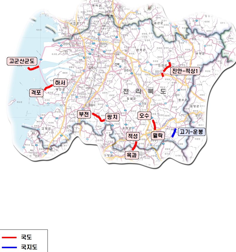2017년 국도, 국지도, 광역·혼잡도로 개통 노선 위치도(전북권)