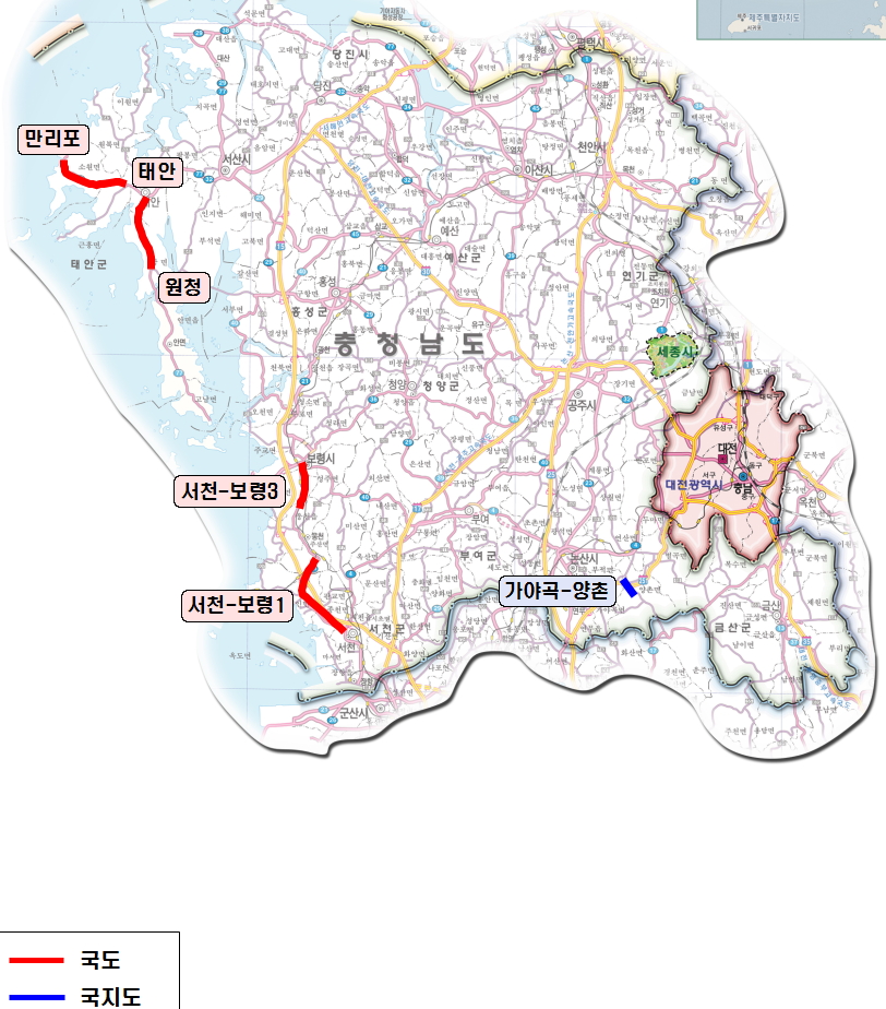 2017년 국도, 국지도, 광역·혼잡도로 개통 노선 위치도(충남권)