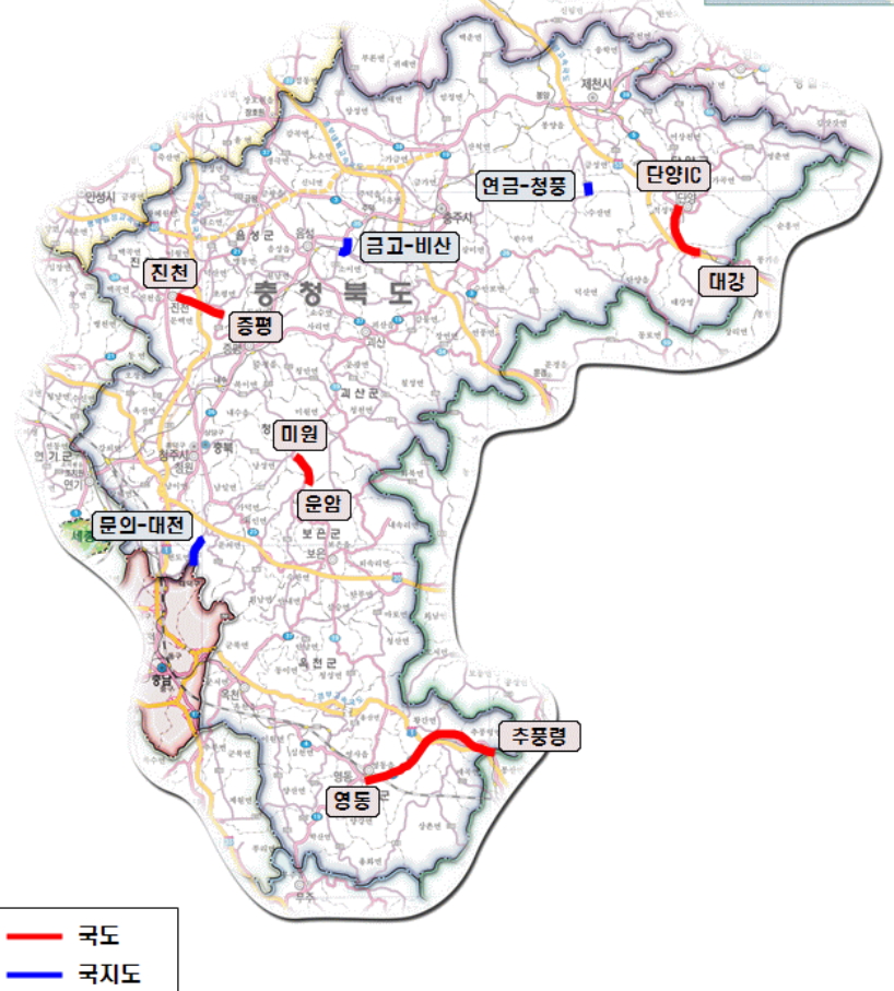 2017년 국도, 국지도, 광역·혼잡도로 개통 노선 위치도(충북권)