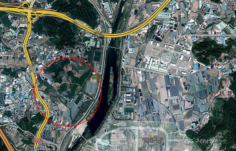 붉은 원 구리시 제2 경기북부 테크노밸리 신청 예정지(사진=네이버 지도 캡처)