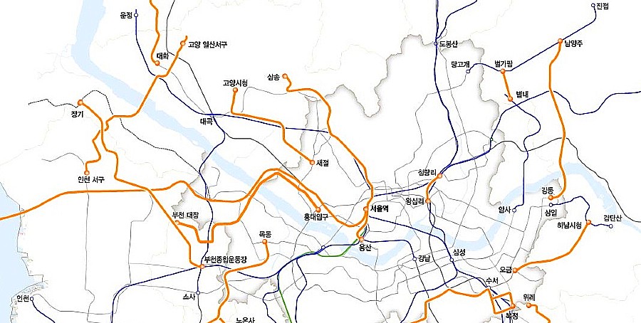 '4차 국가철도망구축계획 계획도(안), 수도권' 컷(노란 실선 신규사업)