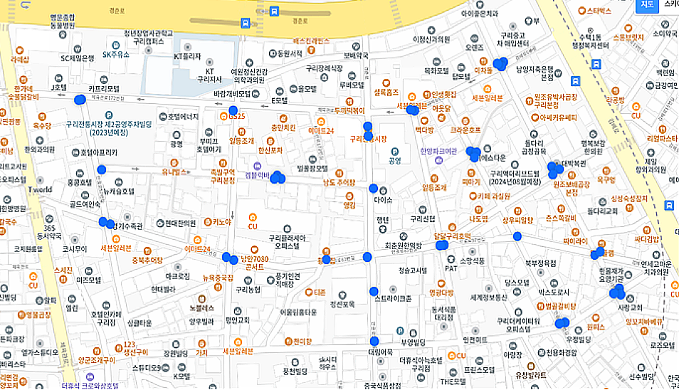 파란 점, 구리전통시장에 설치된 WiFi 6 무선AP(지도 제공=구리시, 이하 동일)