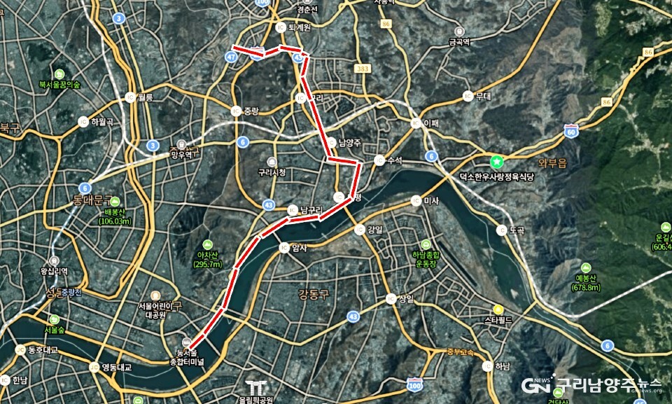 김구영 후보가 구상한 트램 노선. 김구영 캠프 설명을 구리남양주뉴스가 네이버 지도 캡처해서 그림.